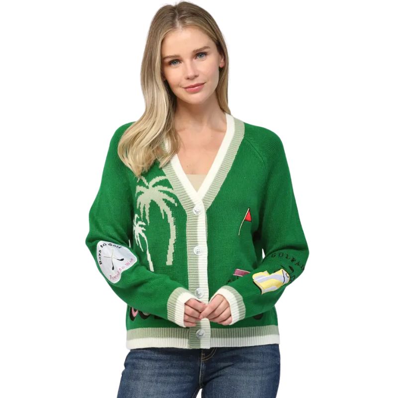 Golf Embroidered Patch Cardigan Green