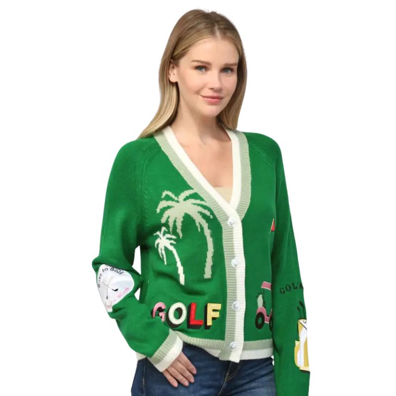 Golf Embroidered Patch Cardigan Green