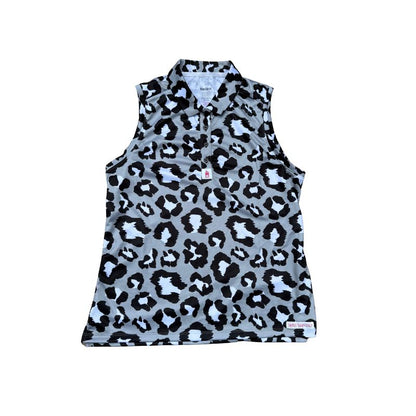 Leopard print sleeveless shirt on a white background