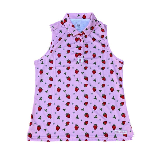 A strawberry print sleeveless women’s golf polo displayed on a white background.