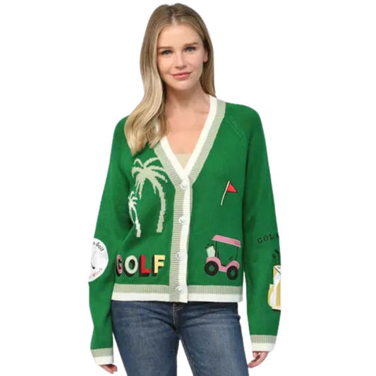 Golf Embroidered Patch Cardigan Green
