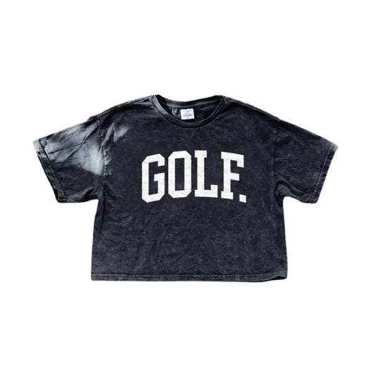 A black mineral washed cropped short sleeve tee with bold white GOLF lettering, displayed on a flat white background.
