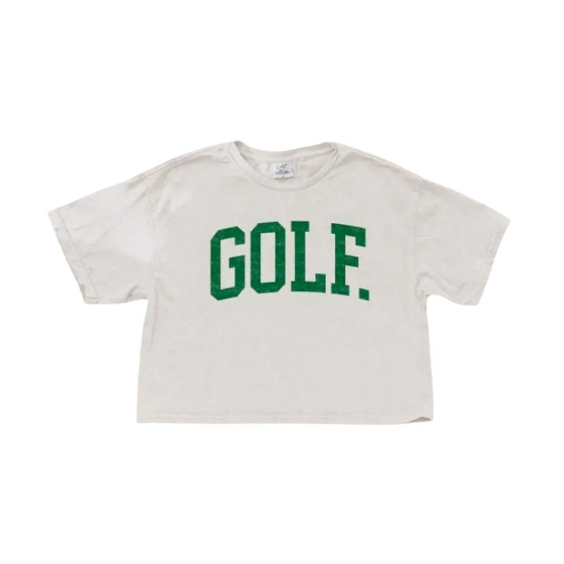 A cream mineral washed cropped short sleeve tee with bold green GOLF lettering, displayed on a flat white background.