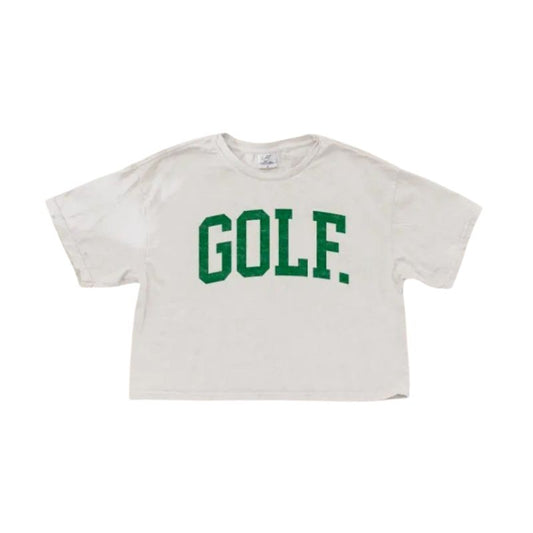 A cream mineral washed cropped short sleeve tee with bold green GOLF lettering, displayed on a flat white background.