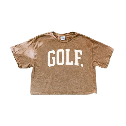 A tan mineral washed cropped short sleeve tee with bold white GOLF lettering, displayed on a flat white background.