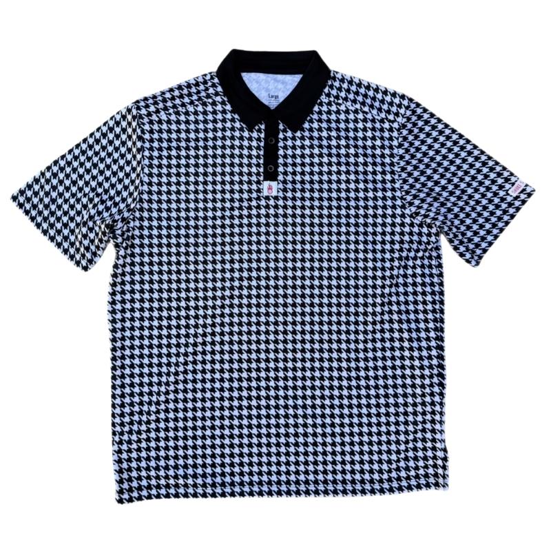 Men's houndstooth pattern polo shirt with black collar on a white background.