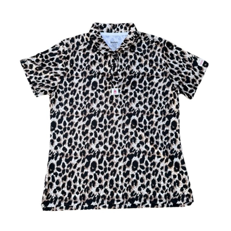 Cheetah print polo on a white background