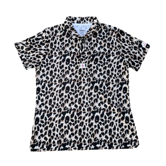 Cheetah print polo on a white background