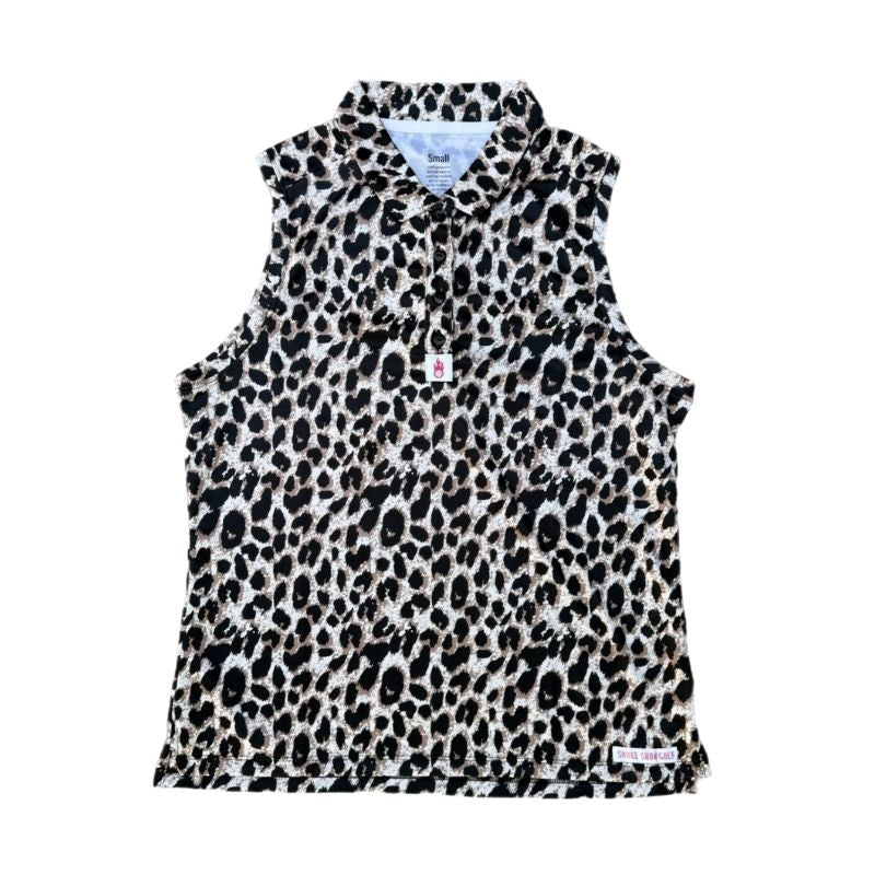 Cheetah print sleeveless polo on a white background