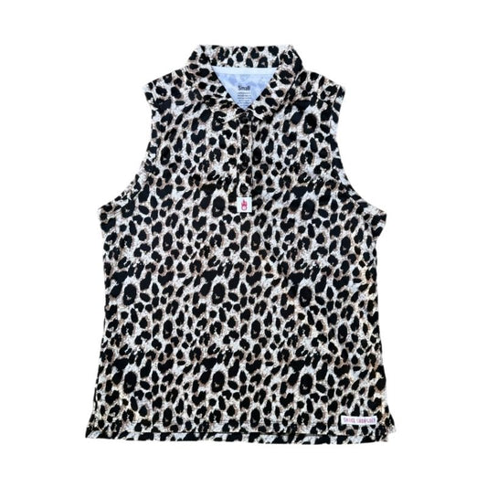 Cheetah print sleeveless polo on a white background