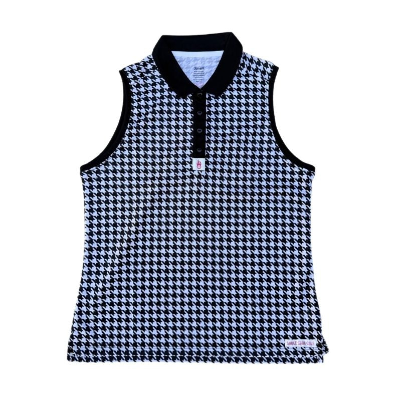 Black and white houndstooth patterned sleeveless polo on a white background.