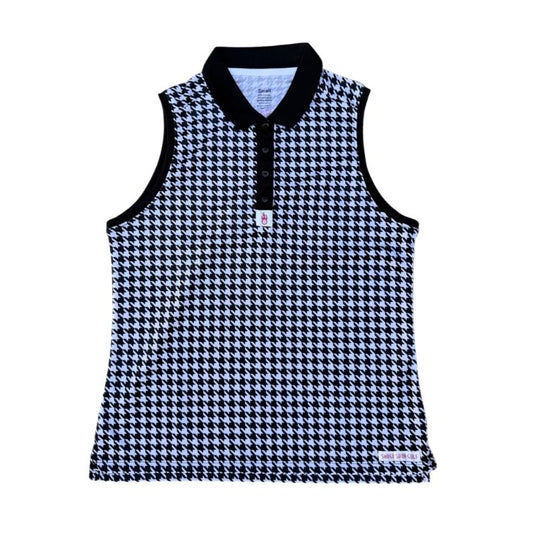 Black and white houndstooth patterned sleeveless polo on a white background.