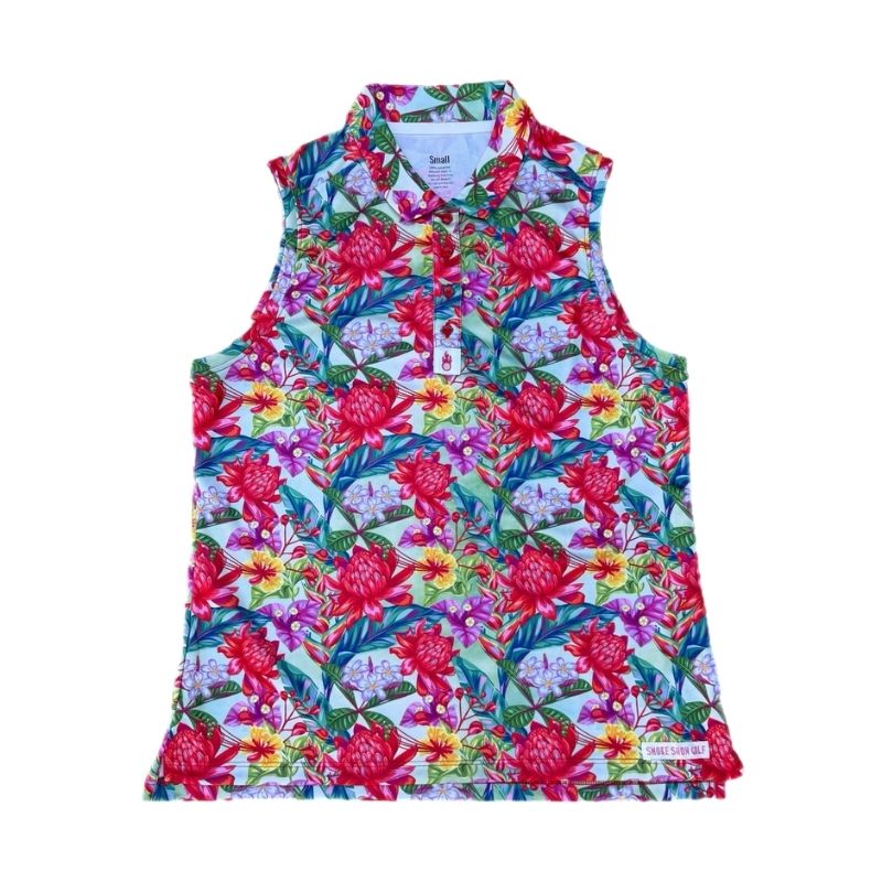 Colorful floral sleeveless polo on a white background